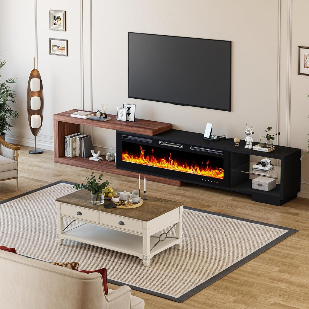 Extendable TV Stand with 50' Electric Fireplace, 71'-116' Long TV Console for Up to 120 Inch TV, Modern LED Entertainment Center with Glass Shelf for Living Room Bedroom, Black & Walnut