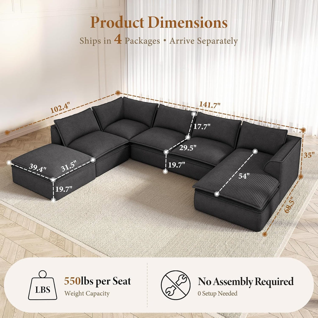 Vesgantti 141.7' Oversized Boneless Sectional Couch, Modern 7 Seater Modular Sofa with Chaise & Ottoman, Deep Seat Convertible Corduroy Cloud Couches for Living Room, No Assembly Required, Black