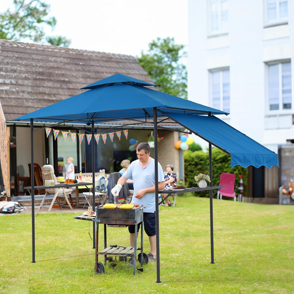 COBANA Grill Gazebo 8'x 5' Outdoor Patio Backyard BBQ Grill Shelter with Side Awning, Double Tiered Soft Canopy Top with Steel Frame and Bar Counters, Blue