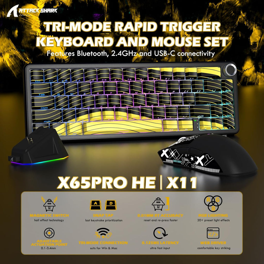 ATTACK SHARK X11 & X65 PRO HE Rapid Trigger Hall Effect Keyboard,60% Magnetic Keyboard 8K Polling Rate RGB Hot Swap,Wireless Gaming Mice with Charging Dock 22K DPI,BT/2.4Ghz/Wired,Coiled Cable-Black