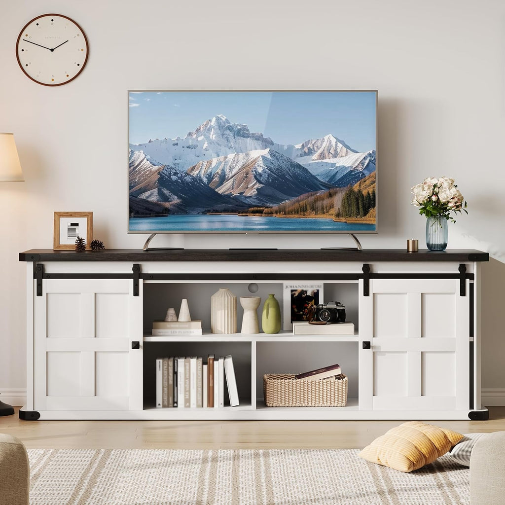 IDEALHOUSE Farmhouse TV Stand for 75 Inch TV, Entertainment Center with Storage Cabinets and Sliding Barn Doors, Media TV Console Table for Living Room Bedroom