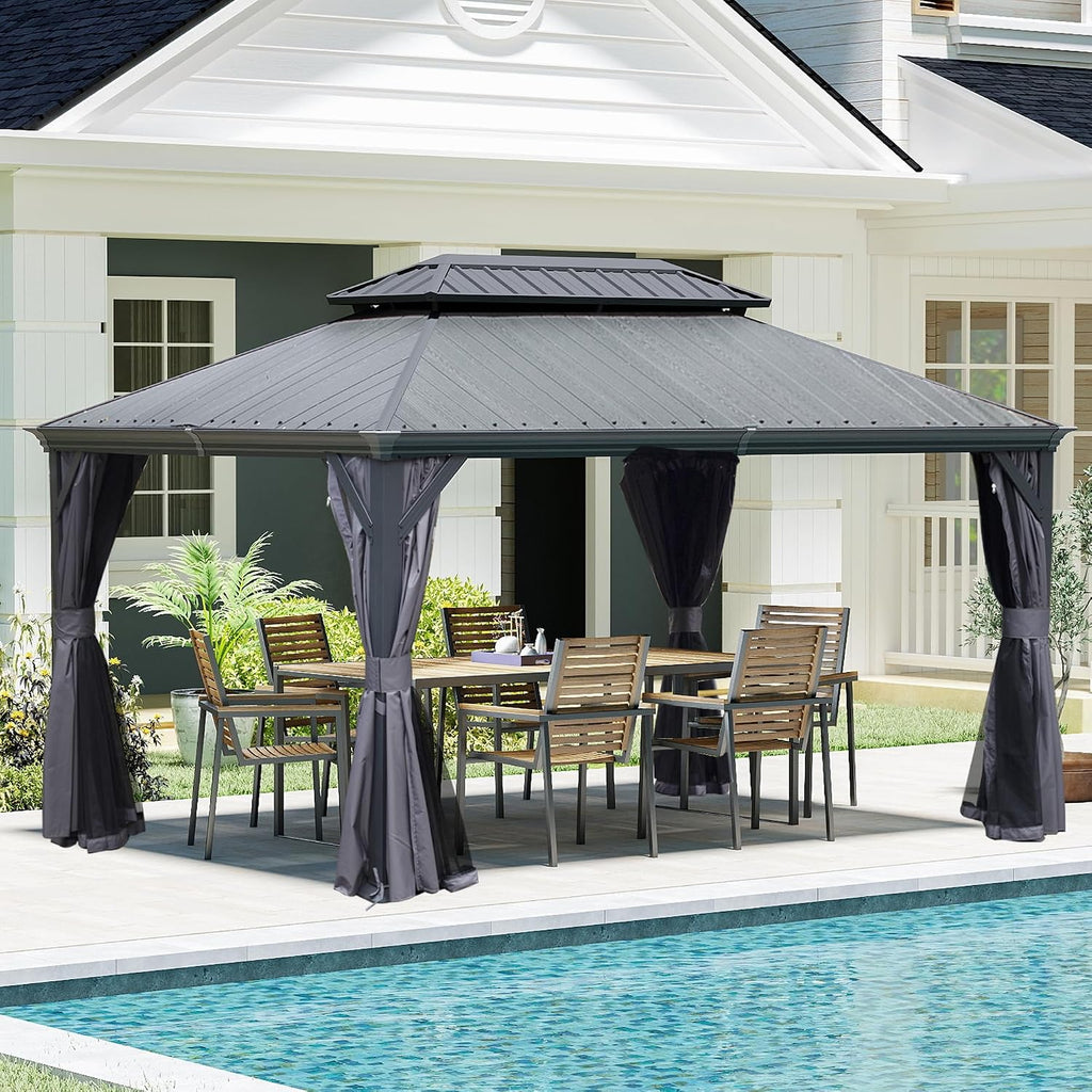 Domi 10' X 14' Hardtop Gazebo, Upgraded Metal Gazebo with Dual-Layer Resin Roof, Drainage System, Curtain and Netting, Outdoor Shelter Canopy for Patio, Garden, and Backyard, Grey