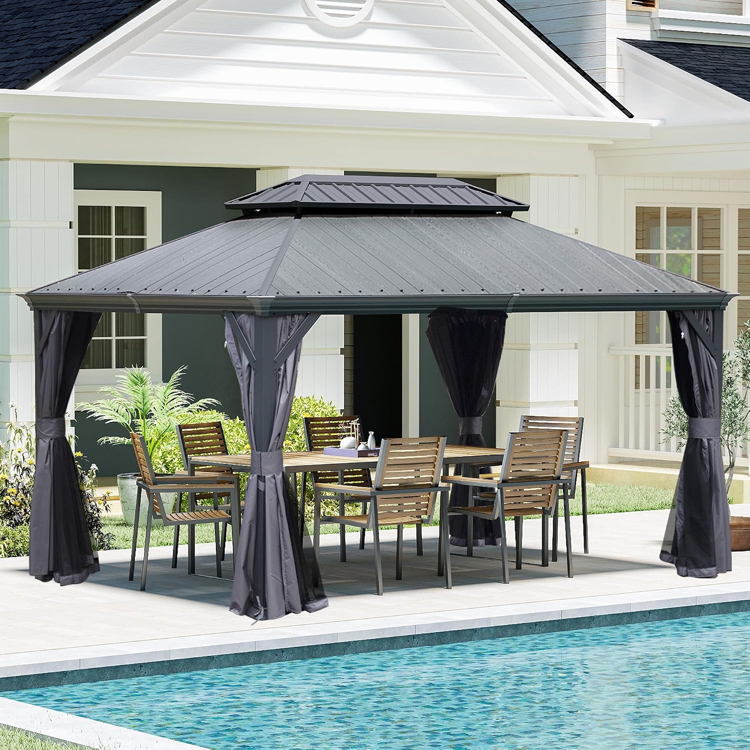 Domi 10' X 14' Hardtop Gazebo, Upgraded Metal Gazebo with Dual-Layer Resin Roof, Drainage System, Curtain and Netting, Outdoor Shelter Canopy for Patio, Garden, and Backyard, Grey