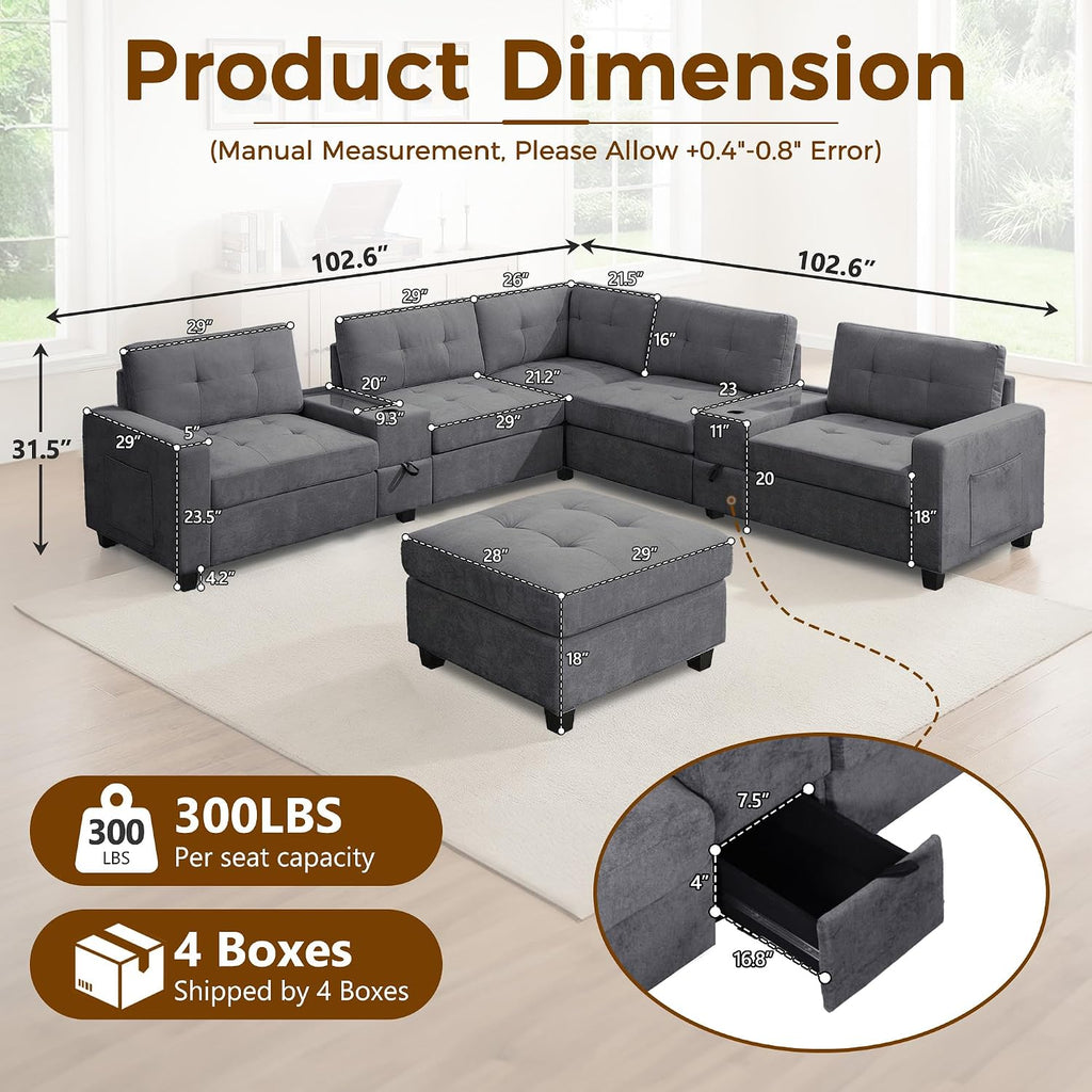 103'' Modular Sectional Sofa couch with 2 Acrylic Consoles, Oversized U Shaped Couch with USB Charger, Storage Drawers,Pockets and Movable Ottoman, Chenille Sectional Couches for Living Room ,Gray