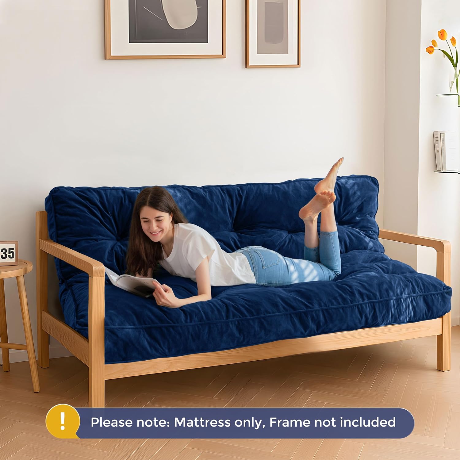 MAXYOYO 6' Futon Mattress Full Size, Velvet Thick Futons Sofa Couch, Versatile Floor Mattress for Adults, Shredded Foam Filling (Frame Not Included), Navy