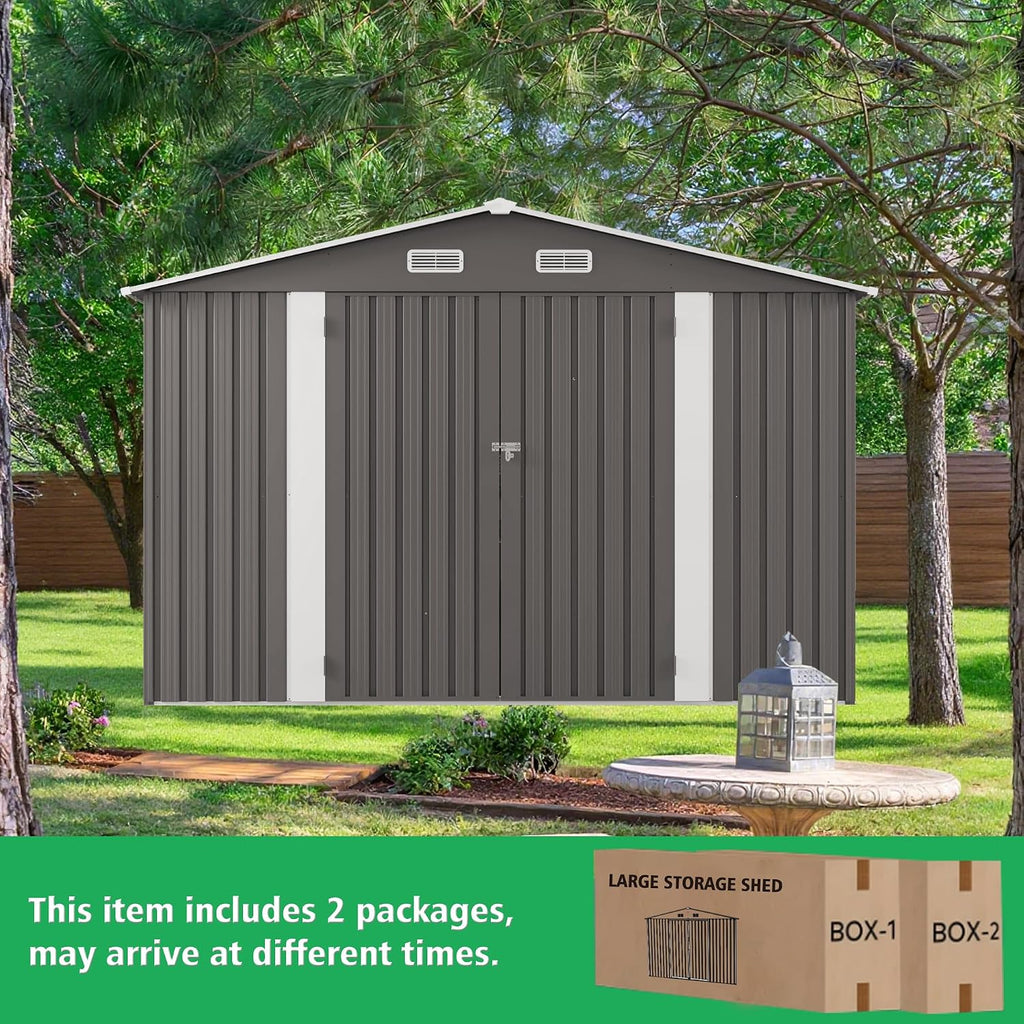 10x12 FT Outdoor Metal Storage Shed, Large Garden Tool Organizer with Double Doors and Two Windows, Waterproof Walk-in Backyard Storage Shed for Lawn, Patio, Poolside, Gray
