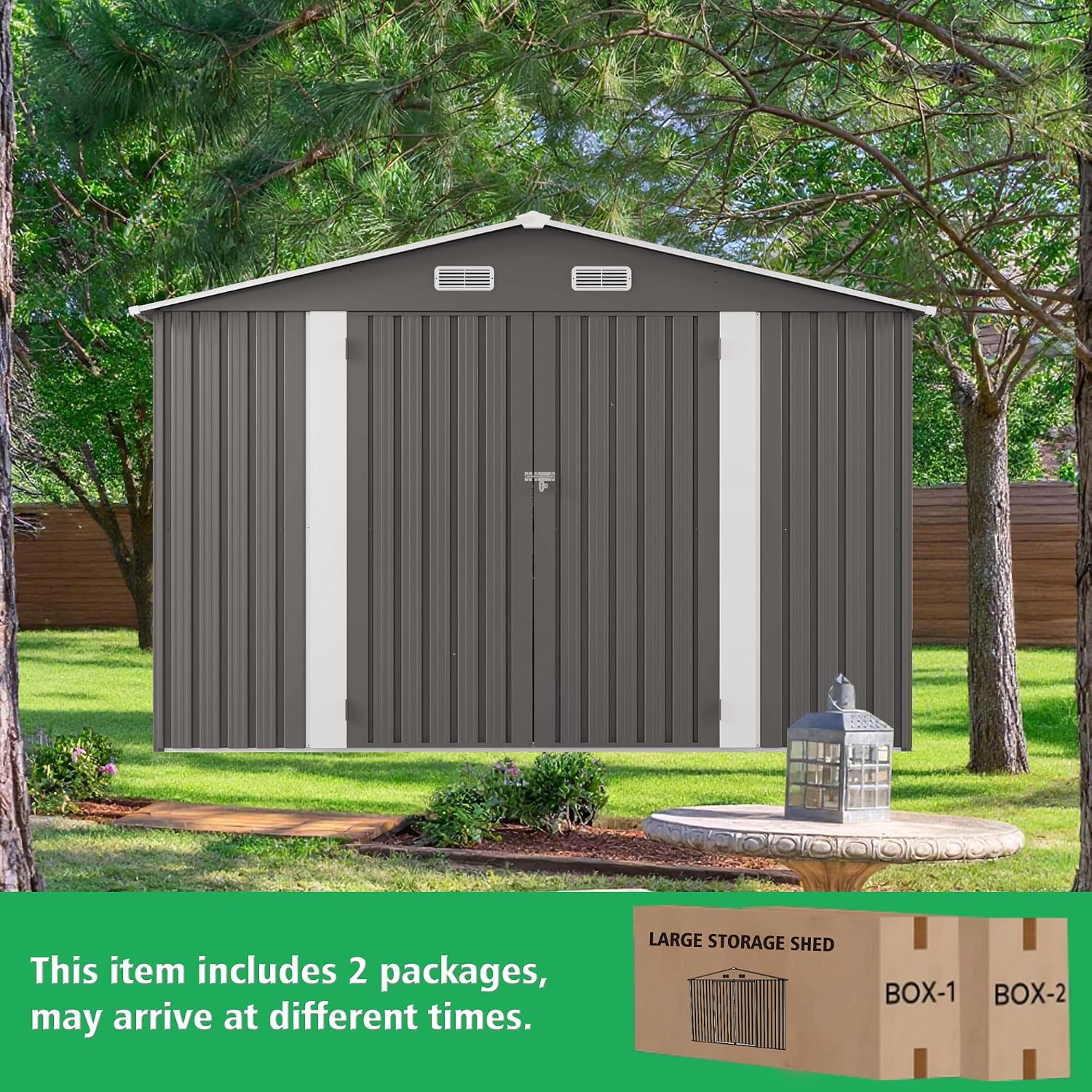 10x12 FT Outdoor Metal Storage Shed, Large Garden Tool Organizer with Double Doors and Two Windows, Waterproof Walk-in Backyard Storage Shed for Lawn, Patio, Poolside, Gray