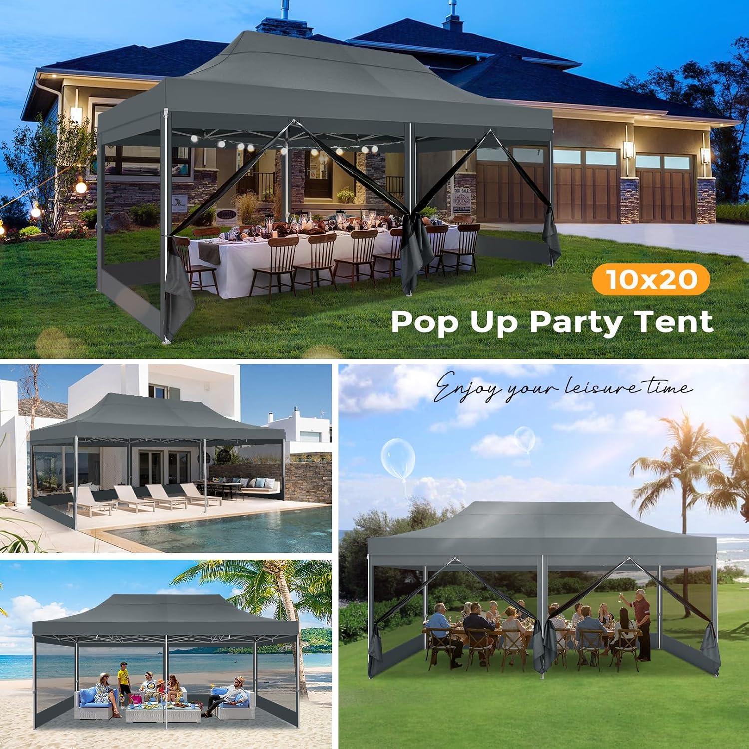 COBIZI 10x20 Heavy Duty Pop Up Canopy Tent with 6 Sidewalls, Easy Set Up Outdoor Waterproof Screen Commercial Party Tent with Mosquito Netting for Parties Backyard Patio, Roller Bag, Gray