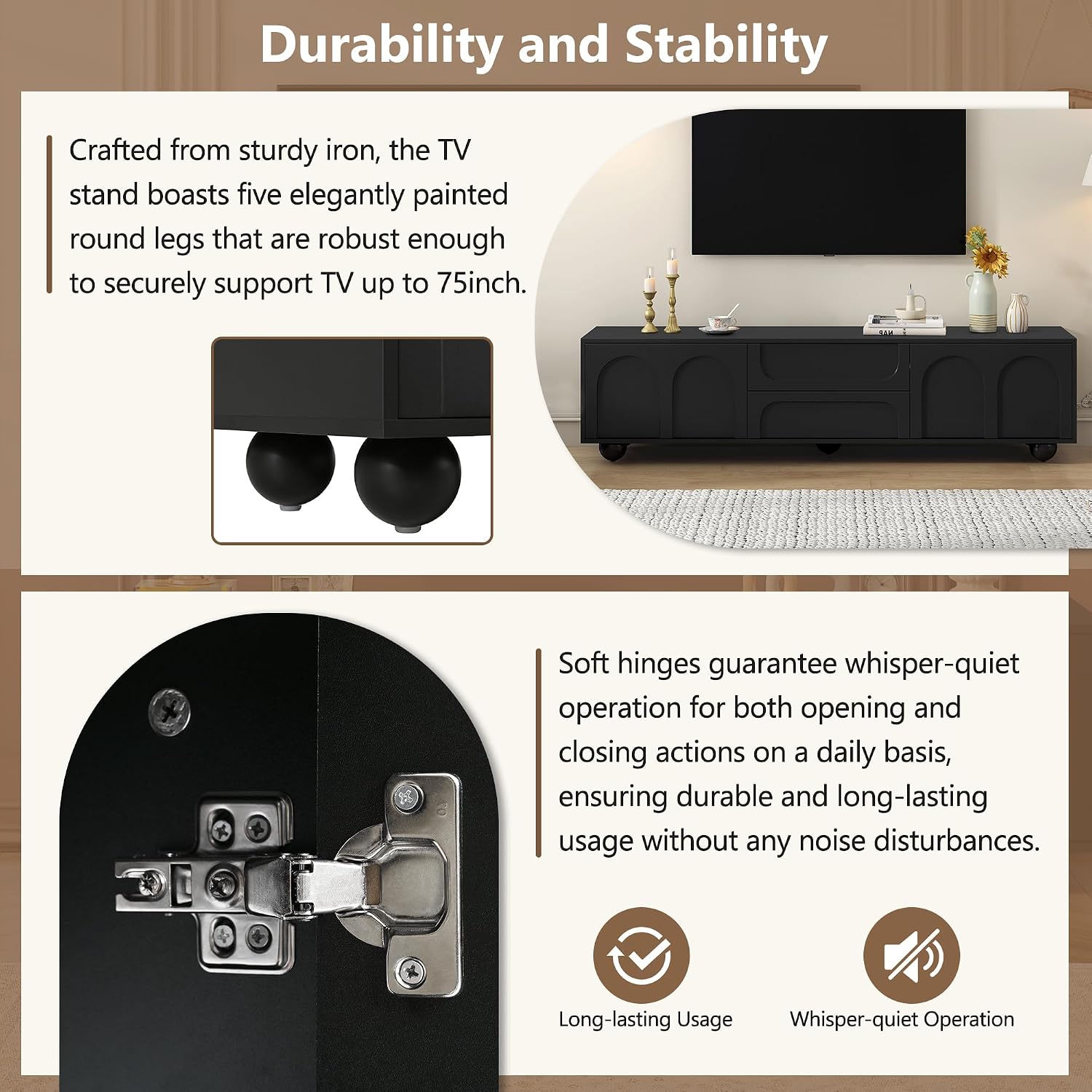 Cream Style TV Stand with Arched Doors & 2 Drawers for TVs up to 75', Minimalist Media Console with Rebound Device, Entertainment Center with 5 Iron Round Legs for Living Room, Bedroom, Black