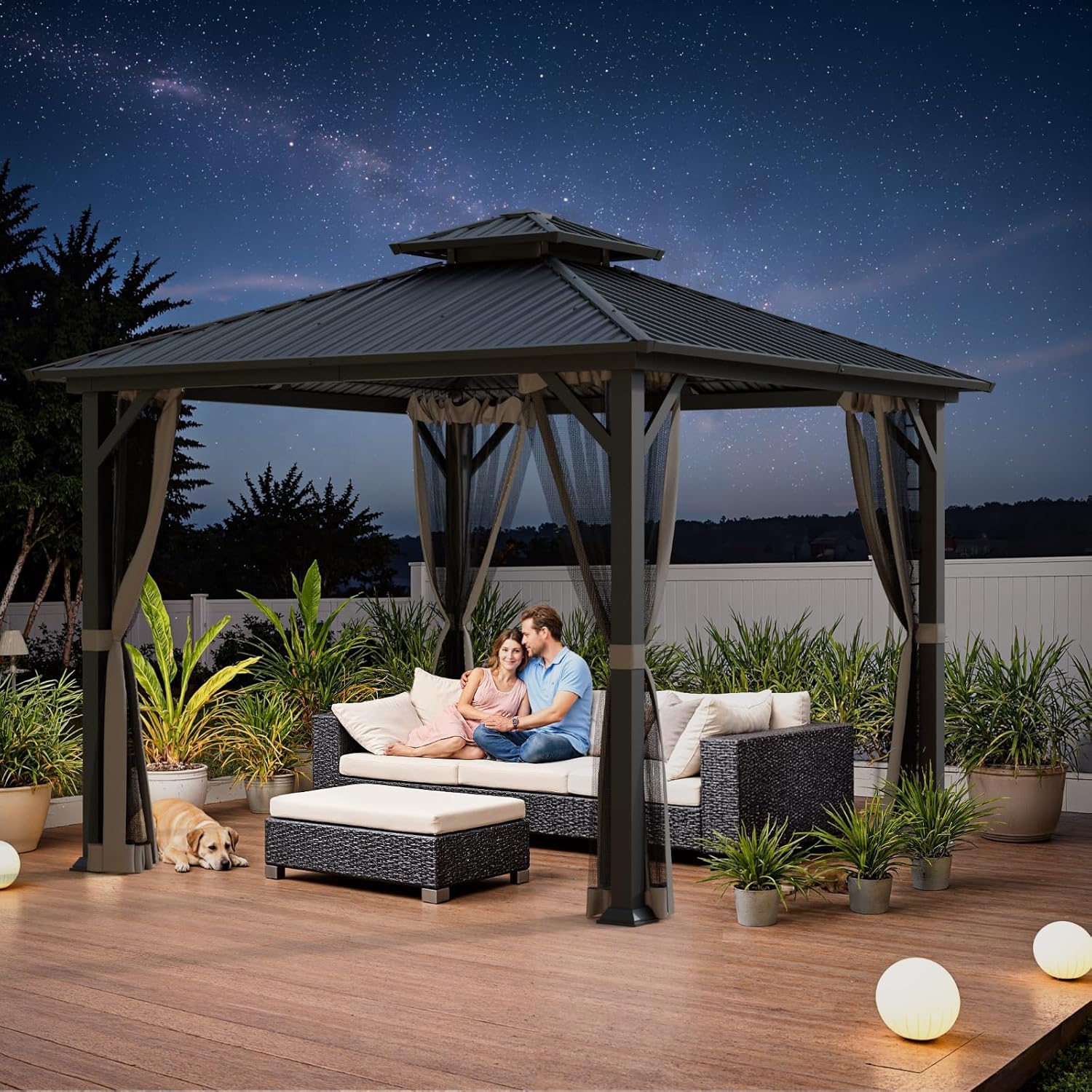 10x10 Hardtop Gazebo, Heavy Duty Outdoor Gazebo with Powder-Coated Iron Frame,Double Galvanized Steel Roof, Permanent Metal Pavilion with Mosquito Netting for Backyard, Patio & Garden