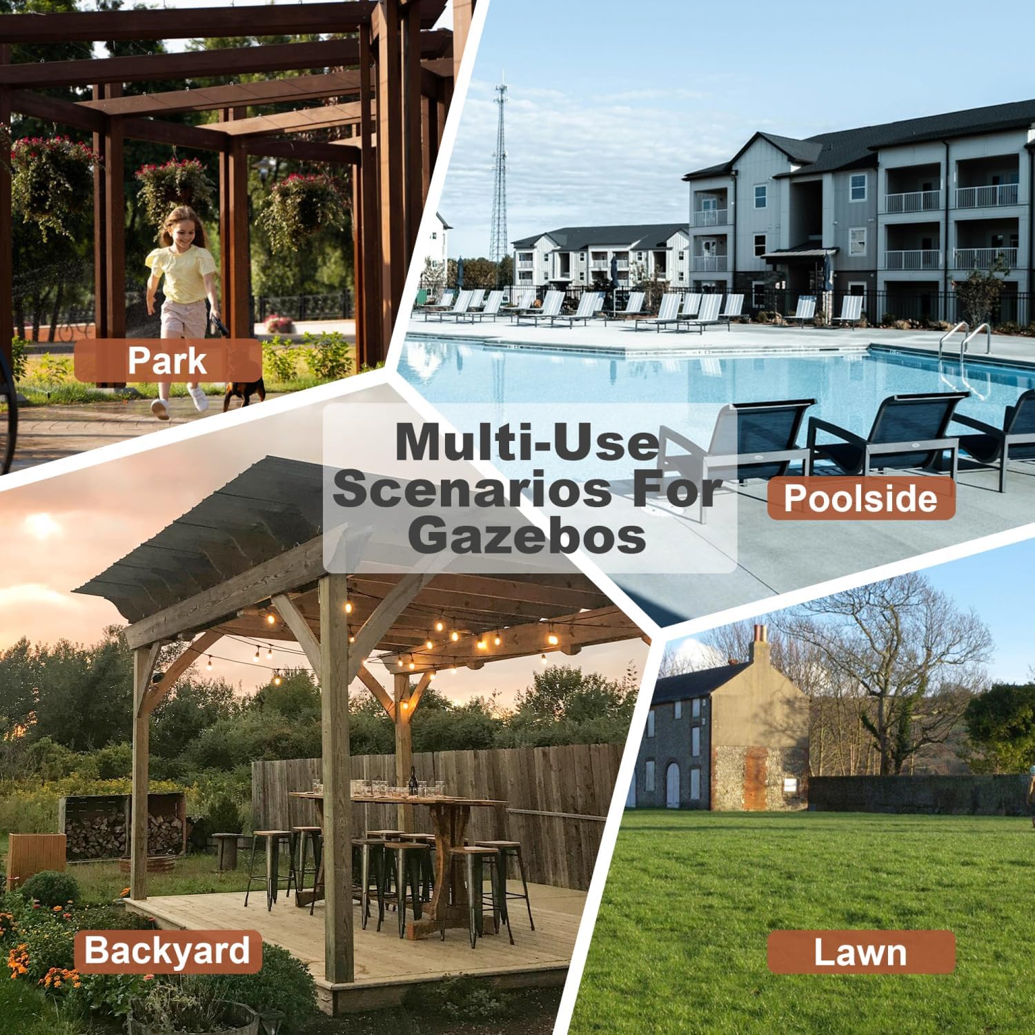 13' x 6.5' Wooden Pergola Grill Gazebo with Metal Roof & Counters Brown Spacious BBQ Outdoor Living