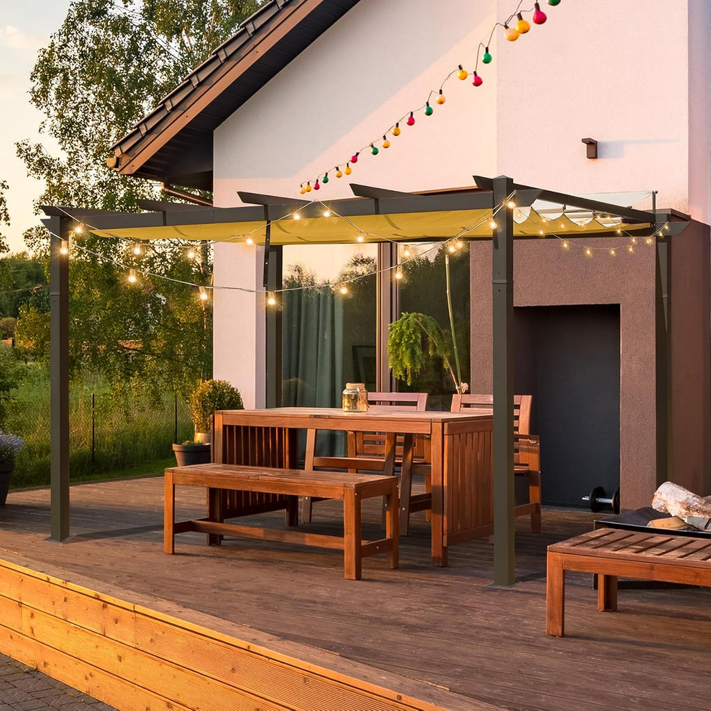 Domi Outdoor Living 9' x 13' Outdoor Retractable Pergola Against The Wall with Weather-Resistant Canopy Aluminum Garden Pergola Patio Grill Gazebo for Courtyard(Beige Canopy)