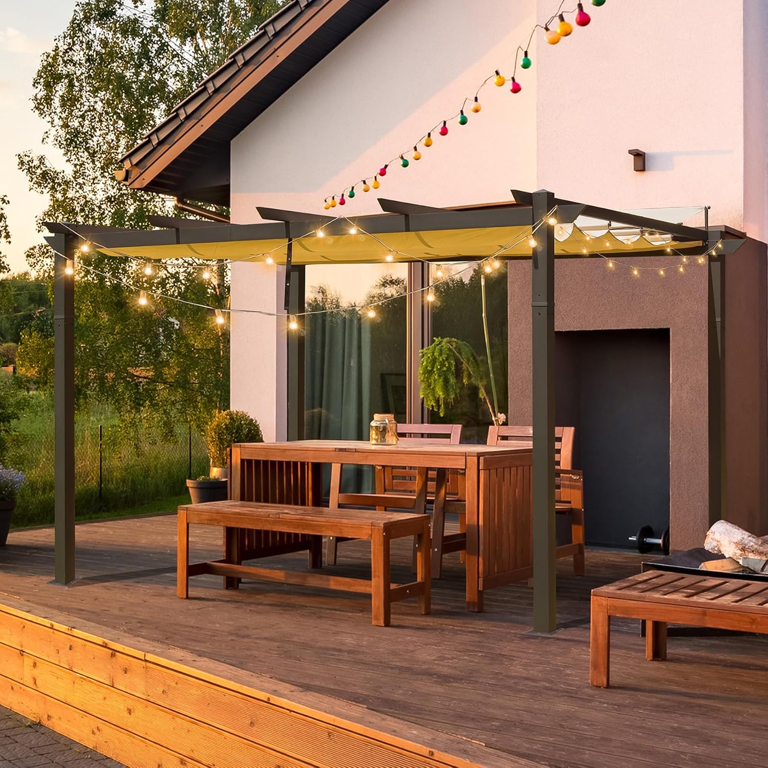 Domi Outdoor Living 9' x 13' Outdoor Retractable Pergola Against The Wall with Weather-Resistant Canopy Aluminum Garden Pergola Patio Grill Gazebo for Courtyard(Beige Canopy)
