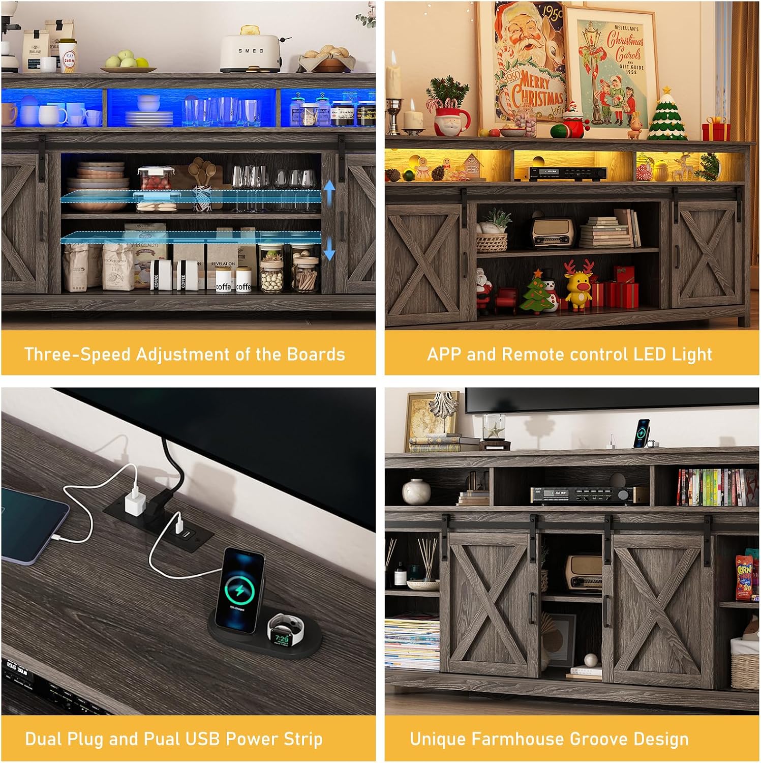 70' LED Farmhouse TV Stand for 80/75/70 Inch TVs, Tall Entertainment Center Storage Cabinets w/Power Outlets and Sliding Barn Door, Rustic Living Room Media Console Cabinet (Charcoal)