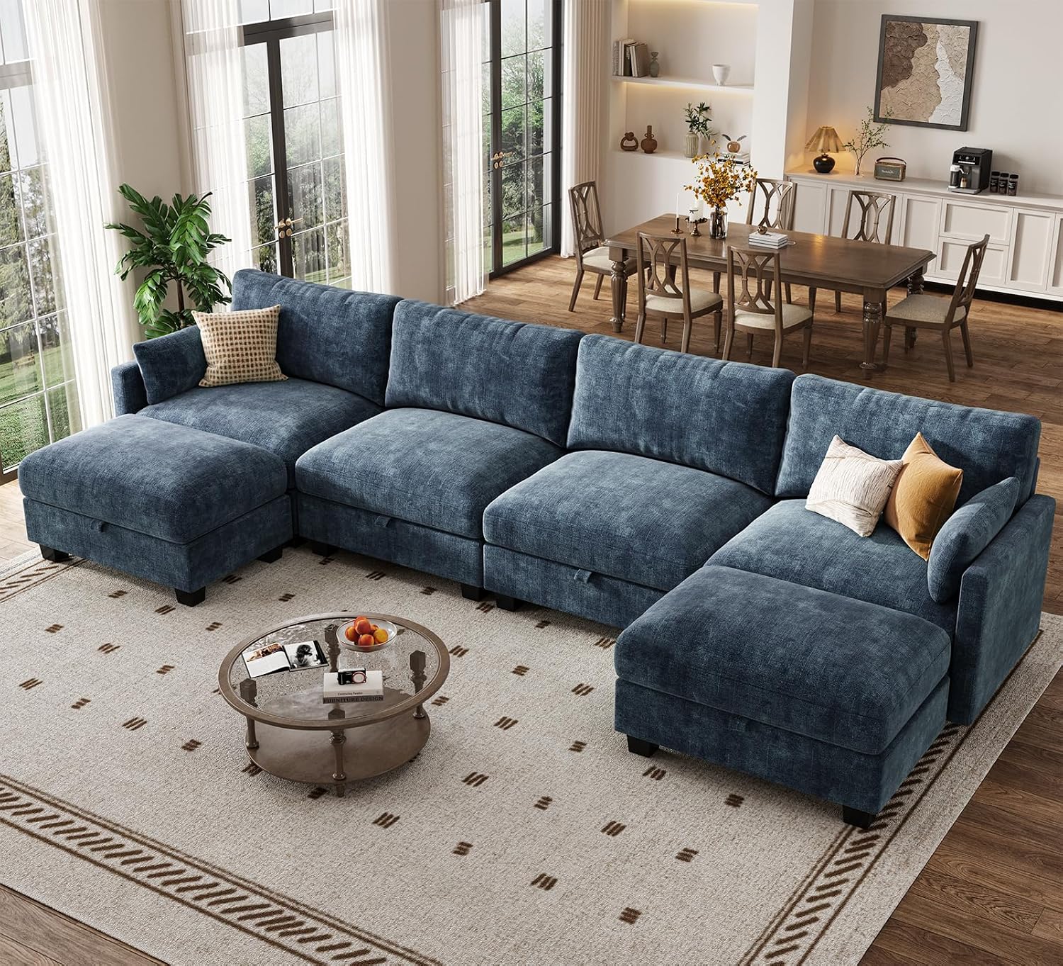 Modular Sectional U Shaped Sofa Couches for Living Room, Cloud Couch with Storage Ottoman, Comfy Chenille Sofa with Pillow, Blue