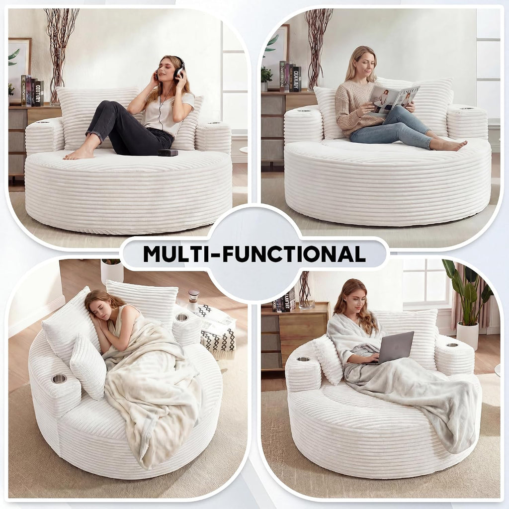 Oversized Round Chair Lounge Chaise Indoor, 55.5' Upholstered Corduroy Deep Seat Single Cloud Sofa Chair with Cup Holder, Modern Large Circle Boneless Sleeper Sofa for Living Room, Beige White