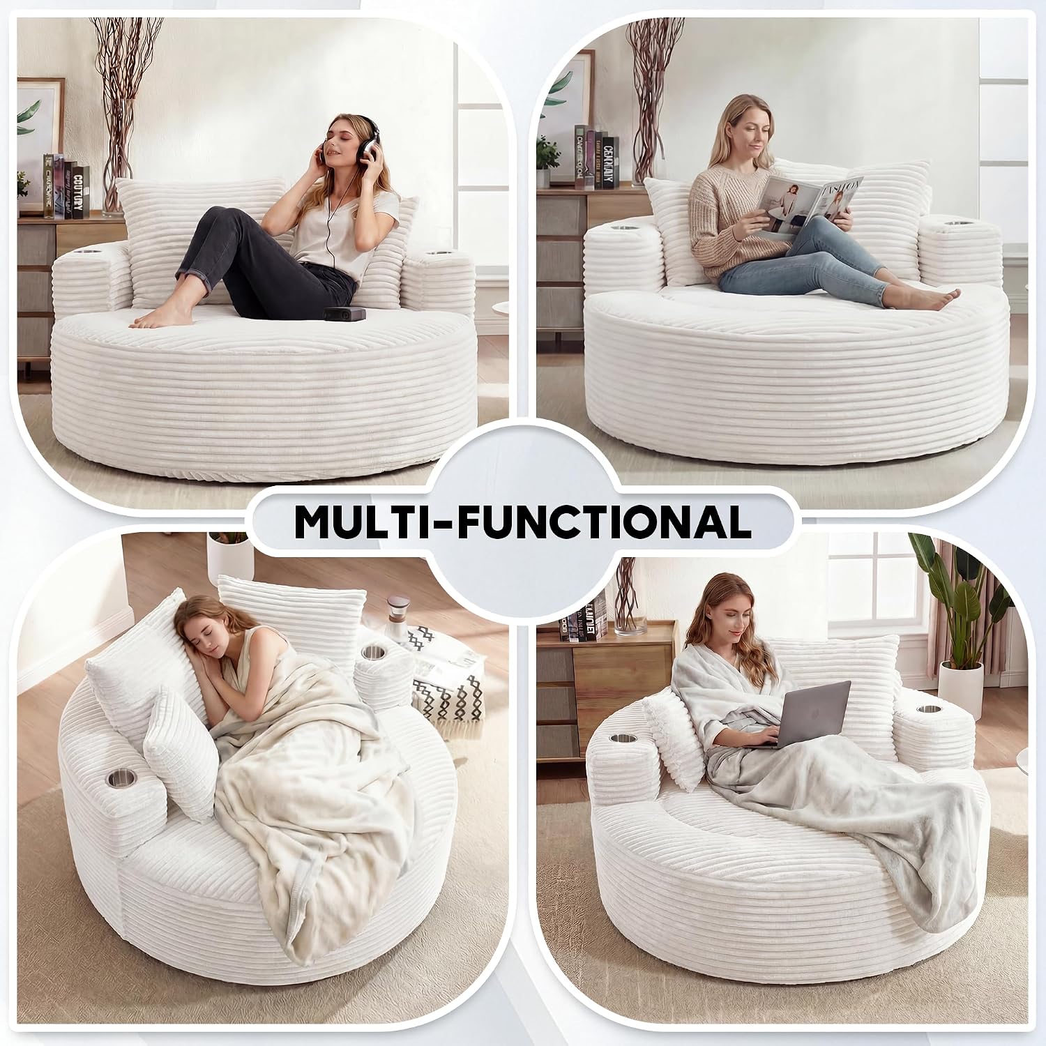 Oversized Round Chair Lounge Chaise Indoor, 55.5' Upholstered Corduroy Deep Seat Single Cloud Sofa Chair with Cup Holder, Modern Large Circle Boneless Sleeper Sofa for Living Room, Beige White