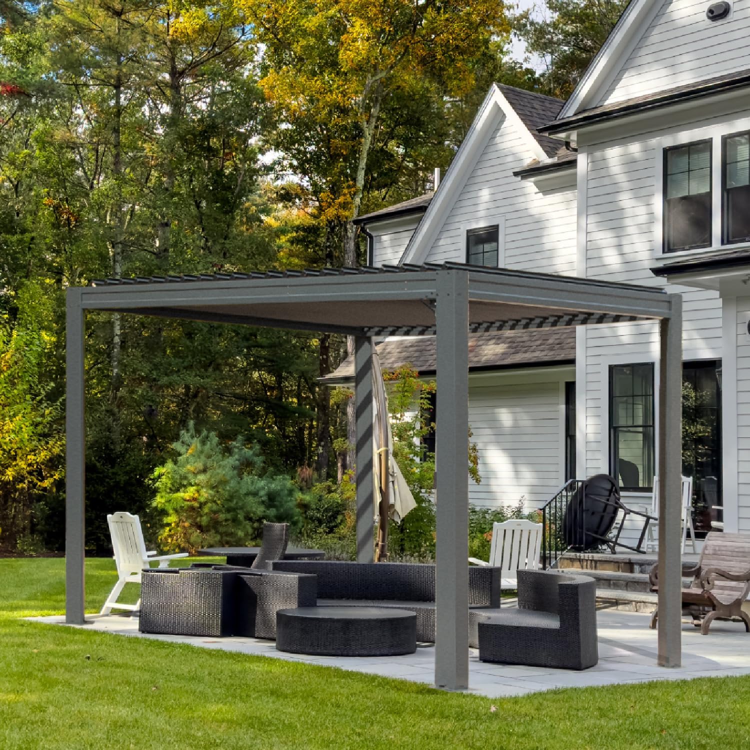 Domi Louvered Pergola 10×10 FT, Outdoor Aluminum Pergola with Adjustable Rainproof Roof and Drainage System, Metal Pergola Gazebo for Patio, Deck, Backyard, Grey