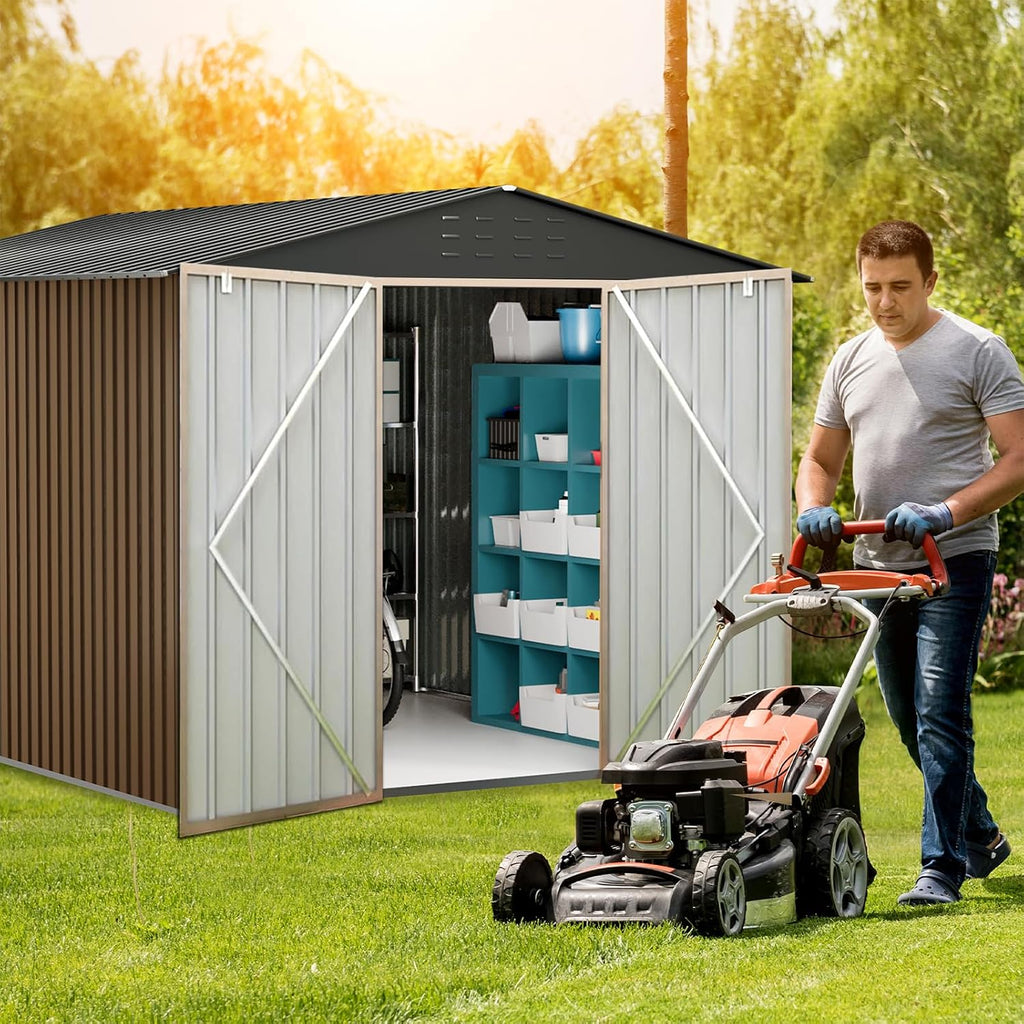 8x12 FT Outdoor Metal Storage Shed, Metal Tool Sheds with Sturdy Frame Structure, Large Garden Storage Shed with Lockable Door for Garden, Lawn, Backyard, Brown