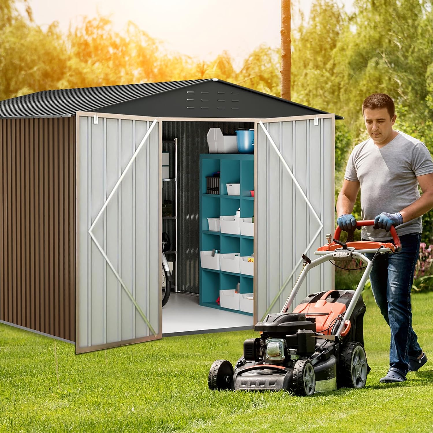 8x12 FT Outdoor Metal Storage Shed, Metal Tool Sheds with Sturdy Frame Structure, Large Garden Storage Shed with Lockable Door for Garden, Lawn, Backyard, Brown
