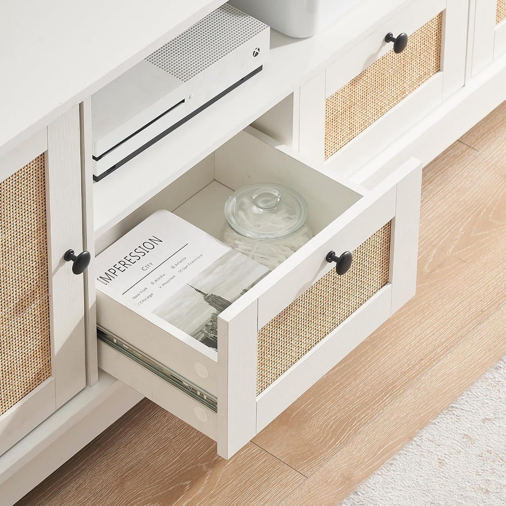 GAOMON Rattan TV Stand for 65 Inch TV, Boho Entertainment Center, TV Console with 2 Cabinets & Adjustable Shelf, Modern TV Stand with Storage (White Desktop)