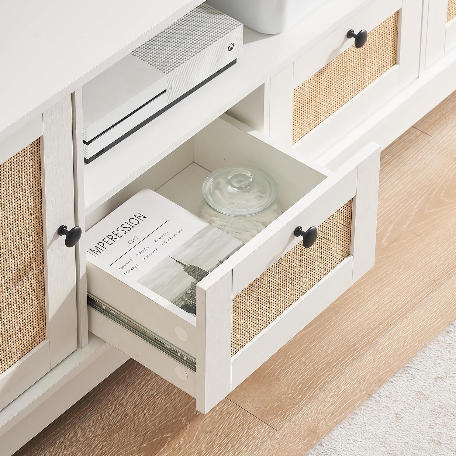 GAOMON Rattan TV Stand for 65 Inch TV, Boho Entertainment Center, TV Console with 2 Cabinets & Adjustable Shelf, Modern TV Stand with Storage (White Desktop)