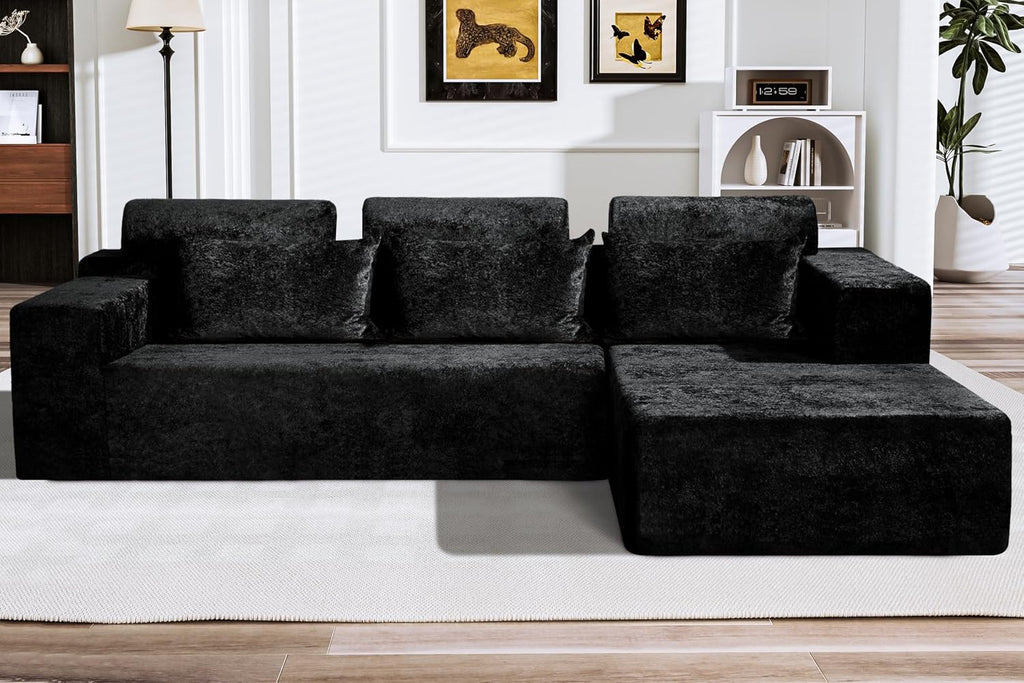 HABUTWAY 105' L-Shape Modular Sectional Sofa Couch for Living Room,No Assembly Required,Modular Comfy Sofa with Deep Seat for Living Room Bedroom,Luxury Distressed Velvet(Right,Black)