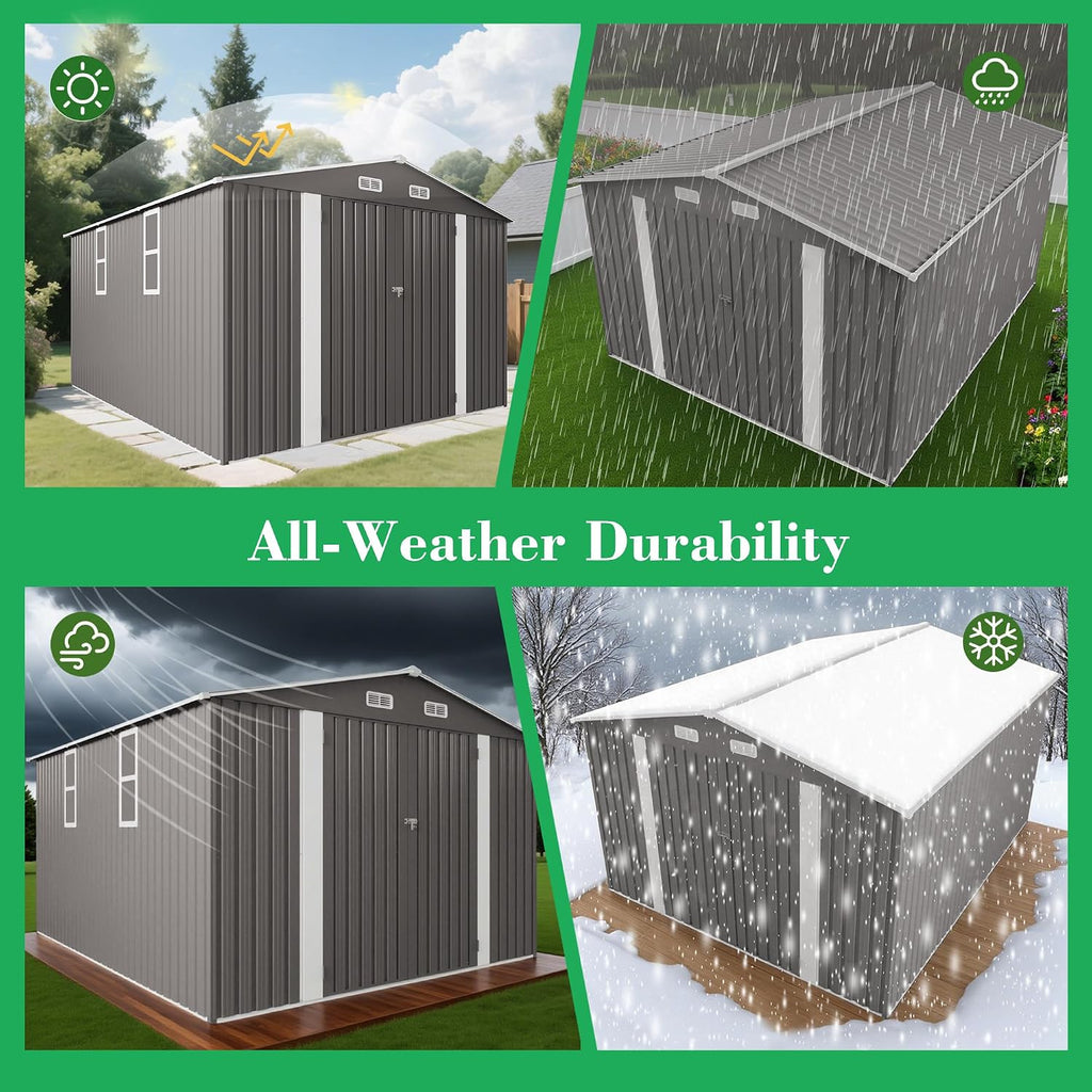 10x12 FT Outdoor Metal Storage Shed, Large Garden Tool Organizer with Double Doors and Two Windows, Waterproof Walk-in Backyard Storage Shed for Lawn, Patio, Poolside, Gray