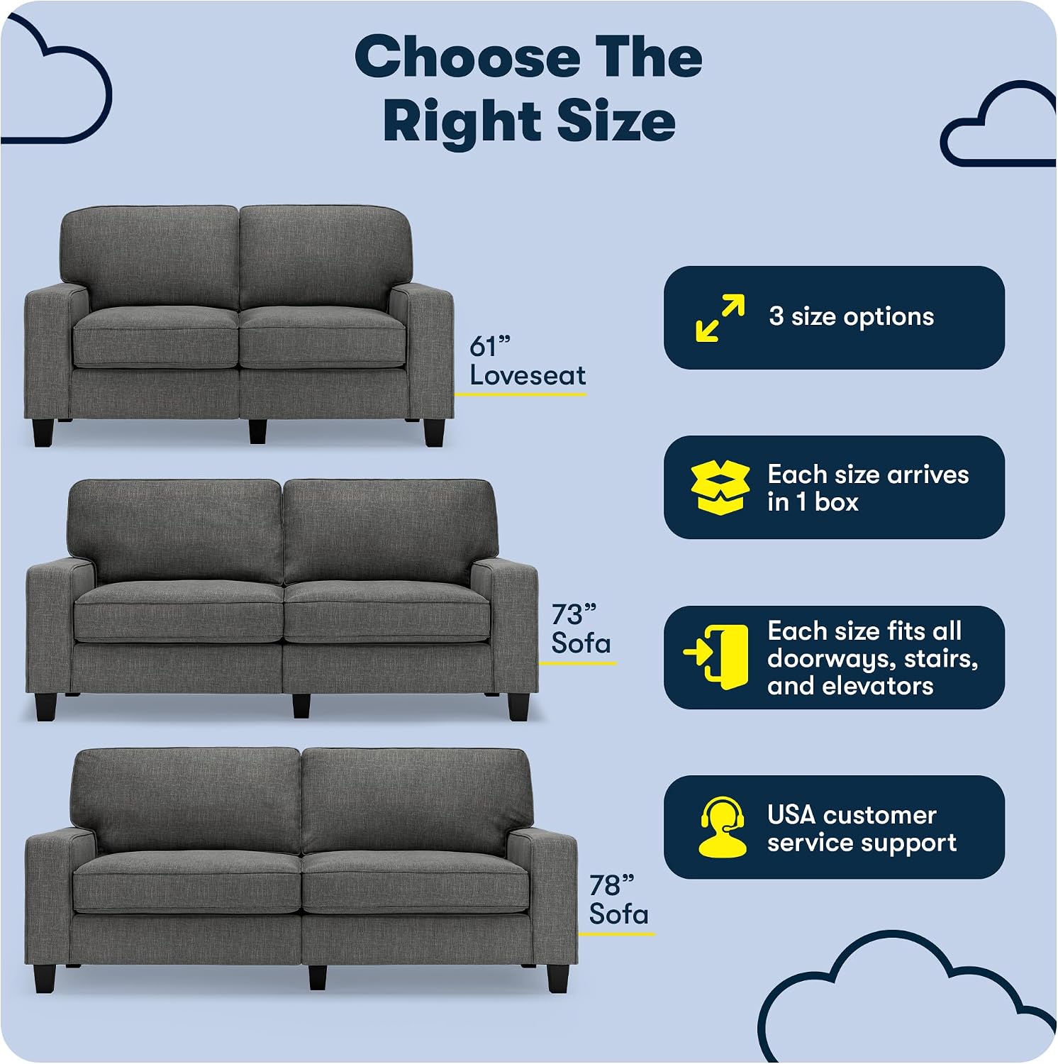 Serta Palisades 73' Track Arm Sofa, Easy Care Polyester, Soft Pillow Back, Pocket Coil Seat Cushions, Removable Covers, Loveseat or Couch for Small Spaces, Living Rooms or Bedrooms, Gray