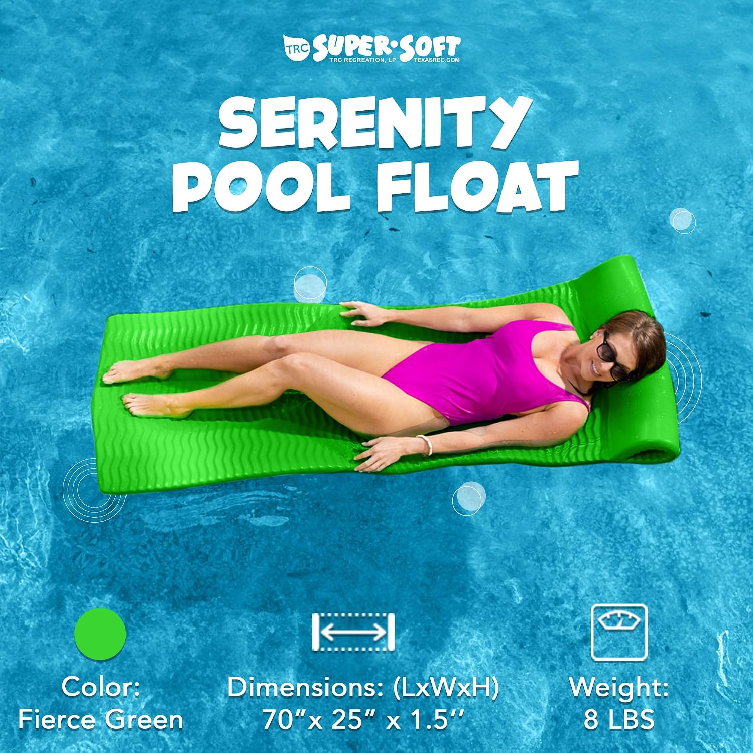 TRC Recreation Serenity 1.5' Thick Vinyl Coated Foam Swimming Pool Float Mat Adult Lounger with Built-in Roll Pillow