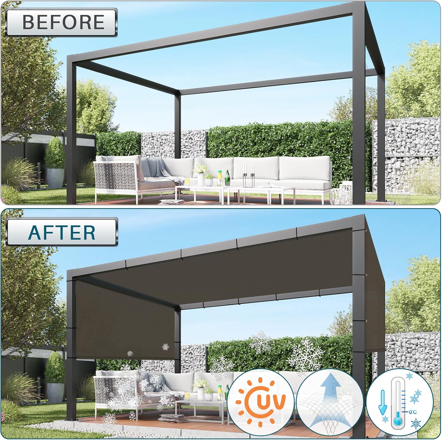 COARBOR 11'x4' Outdoor Pergola Replacement Shade Cover Canopy Privacy Patio Shade Screen with Grommets Weight Rods for Patio Deck Backyard Gazebo Pergola Brown