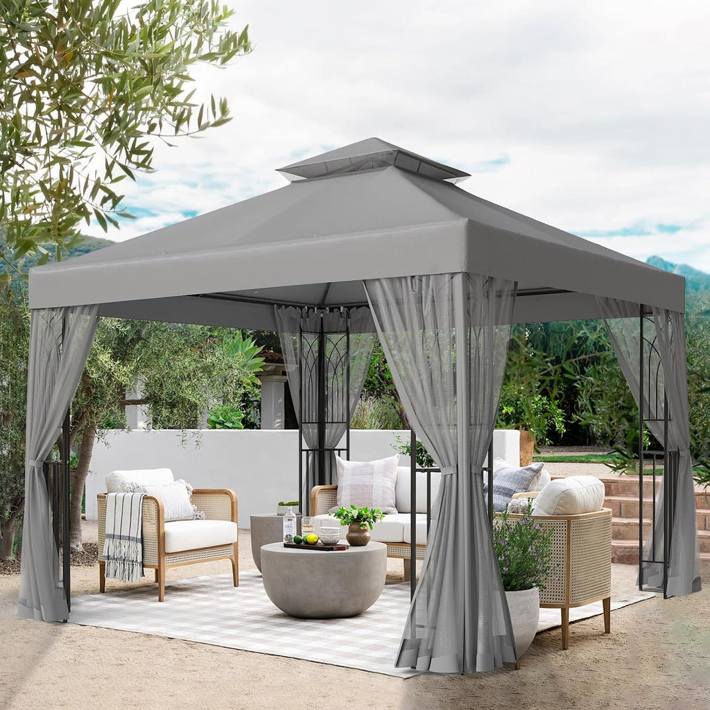 EAGLE PEAK 10x10 Patio Gazebo with Mesh Netting, Double Roof Outdoor Pavilion with Corner Shelves for Lawn, Deck, Garden and Backyard, Gray