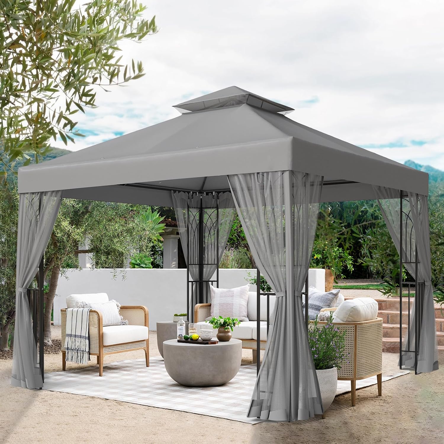 EAGLE PEAK 10x10 Patio Gazebo with Mesh Netting, Double Roof Outdoor Pavilion with Corner Shelves for Lawn, Deck, Garden and Backyard, Gray