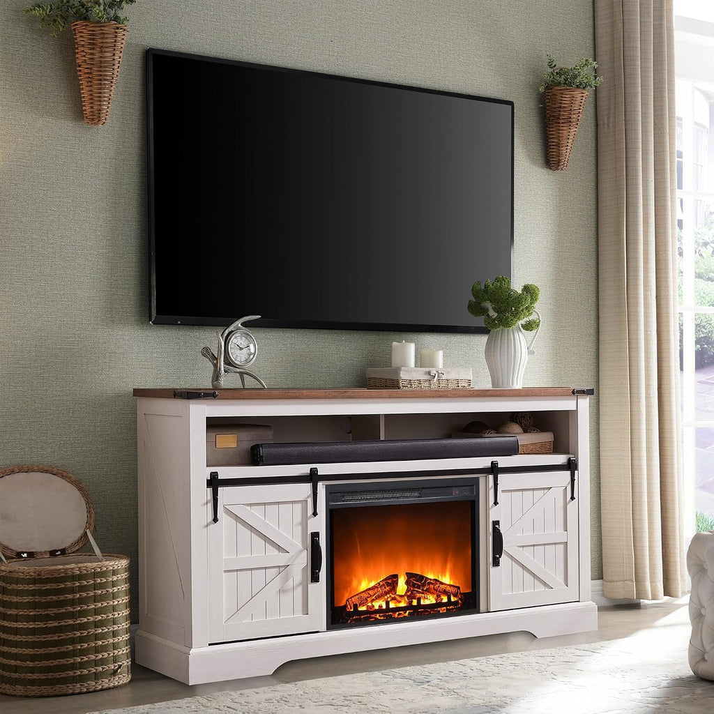 OKD Fireplace TV Stand for 65+ Inch TV, 33' Tall Highboy Farmhouse Entertainment Center w/ 23'' Electric Fireplace, Rustic Media Console w/Sliding Barn Door for Living Room, Antique White