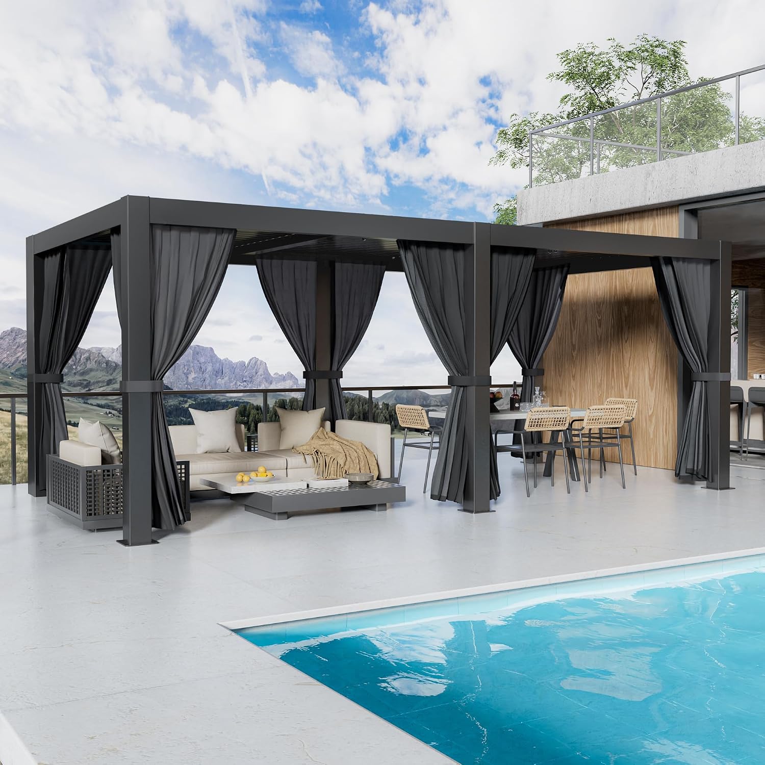 Outdoor Louvered Pergola 10' x 20', Aluminum Outdoor Louvered Pergola with Adjustable Roof, Adjustable Louvered Pergolas for Outdoor Deck, Patio, Lawn & Garden (10x20 Black with Curtain)