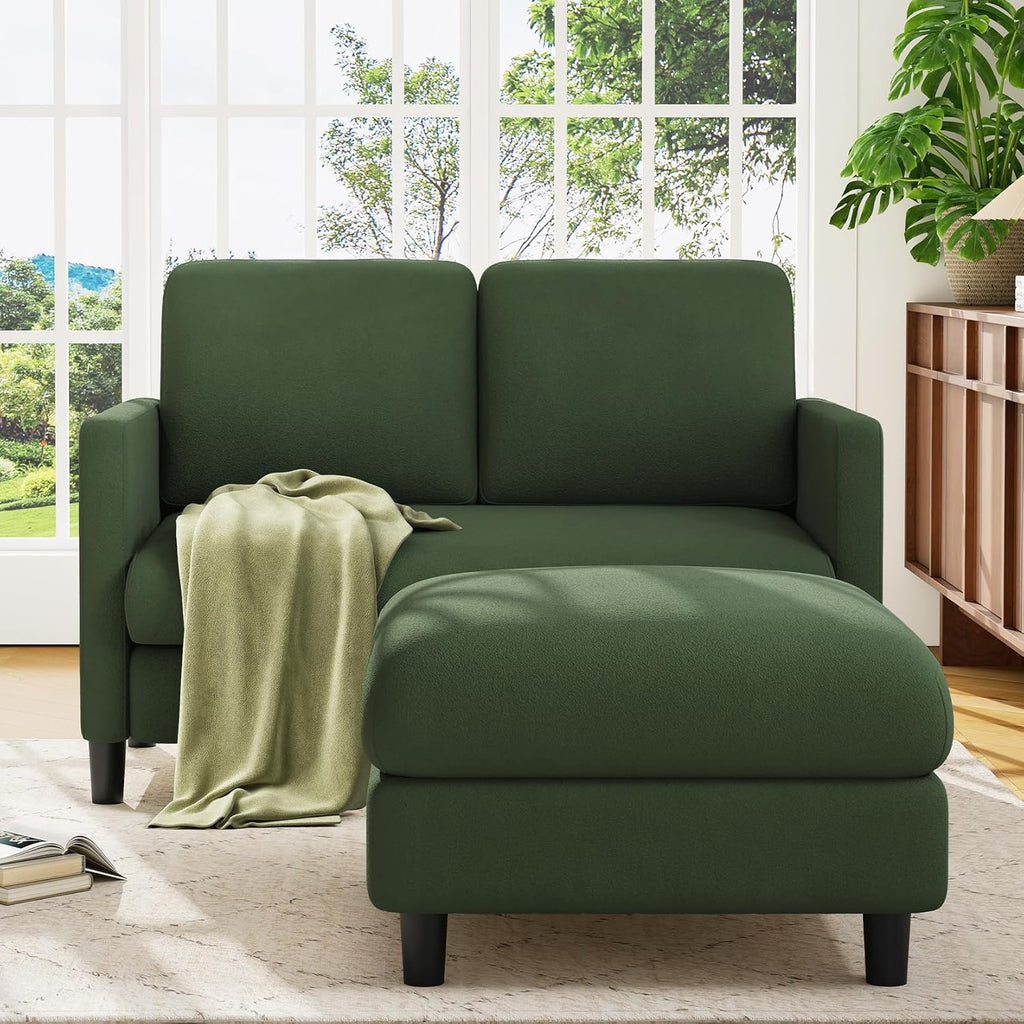 Welzona Loveseat, 51' Small L Shaped Couch, Comfy Teddy Love Seat with Ottoman Set, Tool-Free Setup Loveseat Sofa with Ottoman, All-Wood Small Sofa Couch for Bedroom, Couch for Living Room, Green