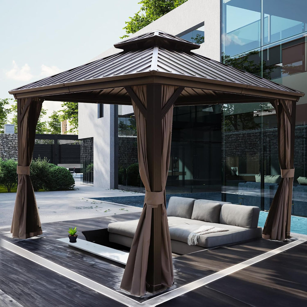 Kozyard Caesar 10'x10' Hardtop Gazebo - Permanent Metal Pavilion with Netting and Shaded Curtains for Patio, Backyard Deck - Galvanized Steel Outdoor Aluminum Canopy, Double Roof Gazebo (Brown)