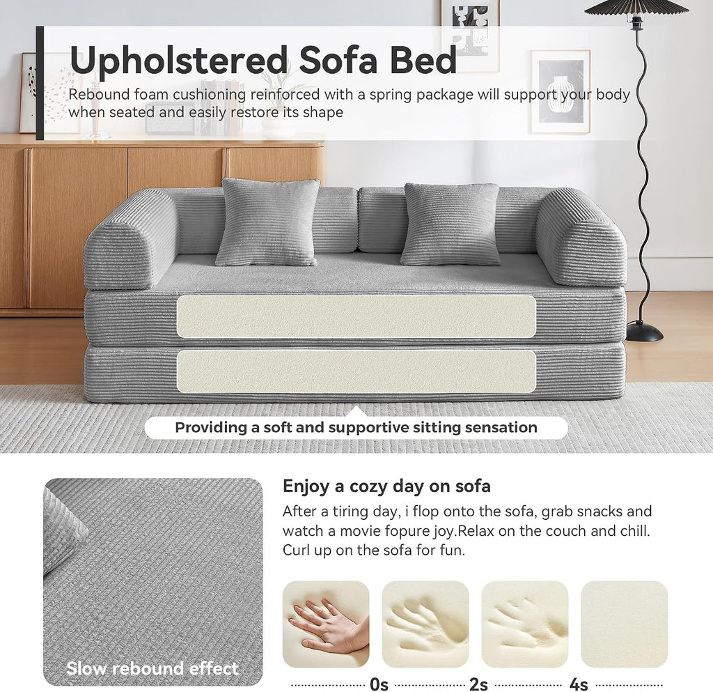 Convertible Sleeper Sofa Bed, Sleeper Sofa with Pillow | Corduroy Fabric | High-Density Sponge | Fixed-Shape Frame, Modular Sofa Bed for Living Room Lounge Studio (Light Grey)
