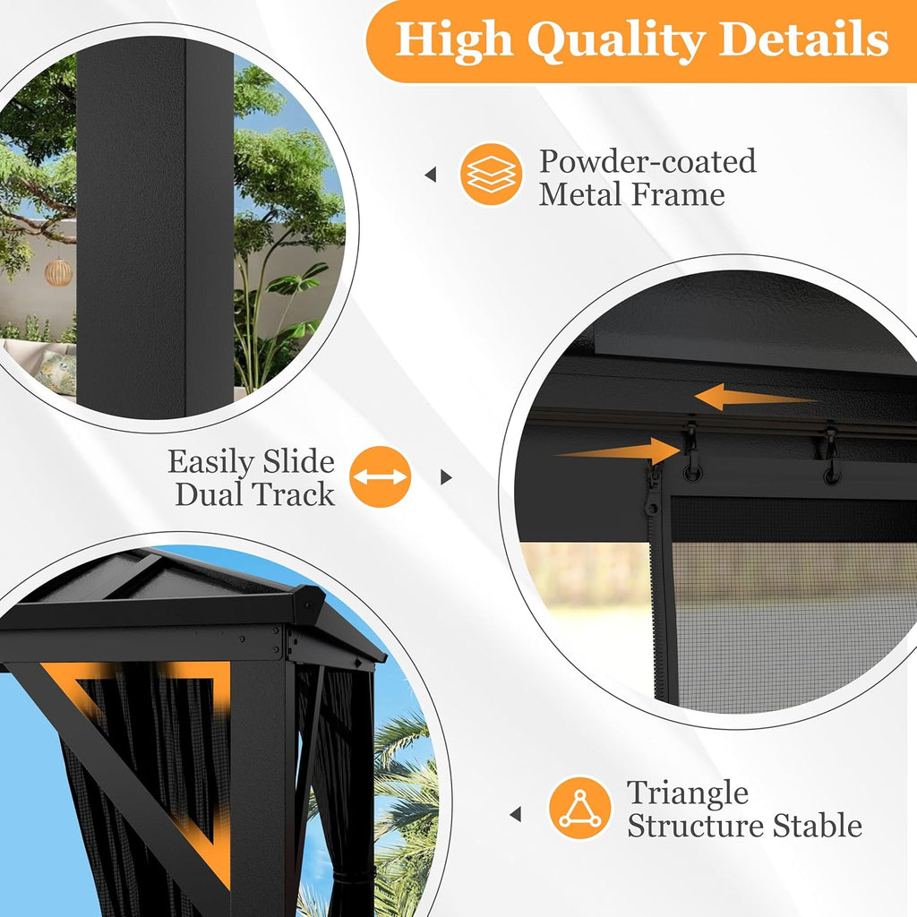 BlueWish 10x10 FT Hardtop Gazebo Canopy with Double Galvanized Steel Roof, Permanent Outdoor Pavilion with Mesh Netting for Patio. Garden, Backyard, Black