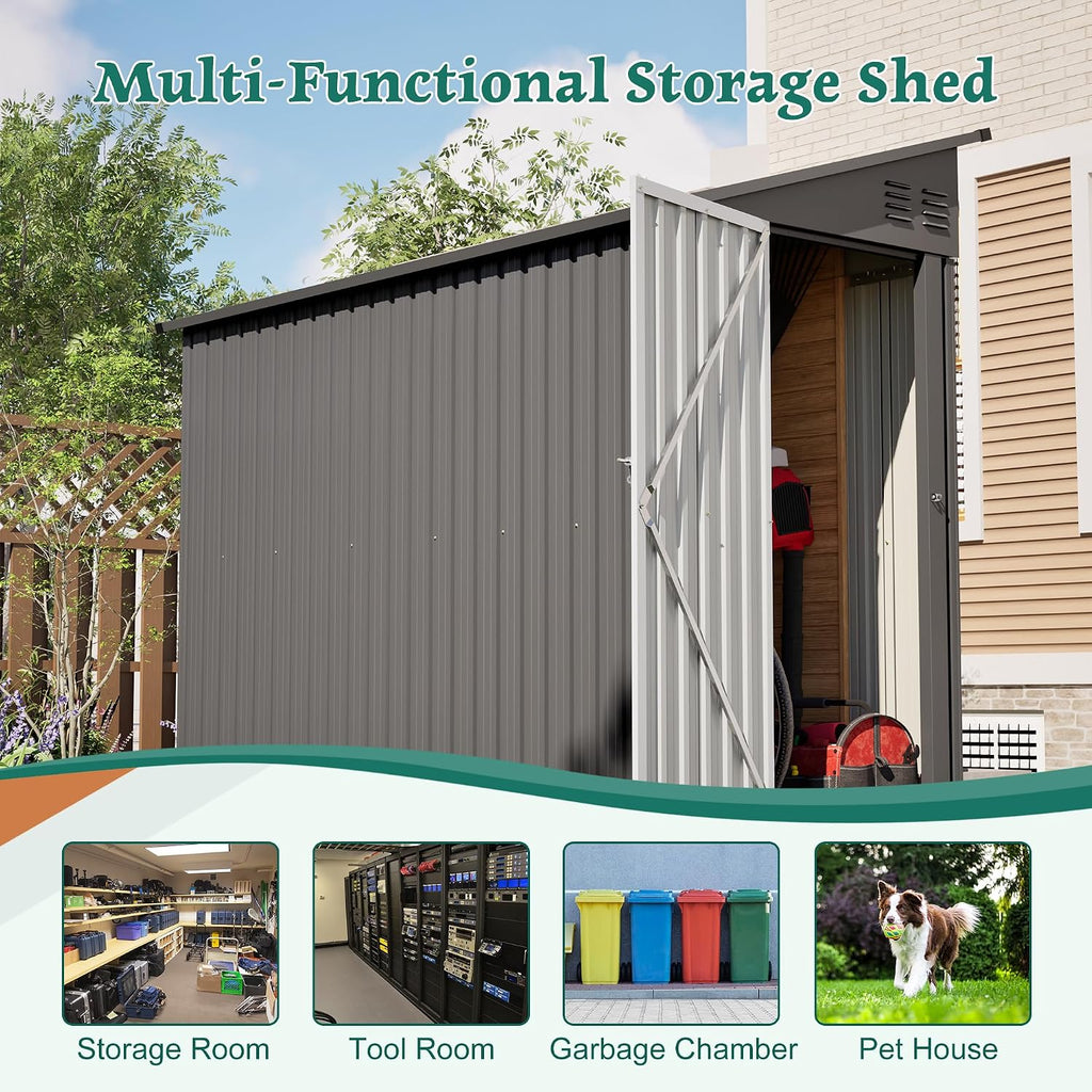 YOPTO 4×8 FT Lean to Metal Shed,Outdoor Heavy-Duty Storage Shed with Floor Base,All Weather Waterproof Garden Tool House W/Lockable Door&2 Air Vents,Reversible Door Design,for Backyard,Patio,Lawn,Gray