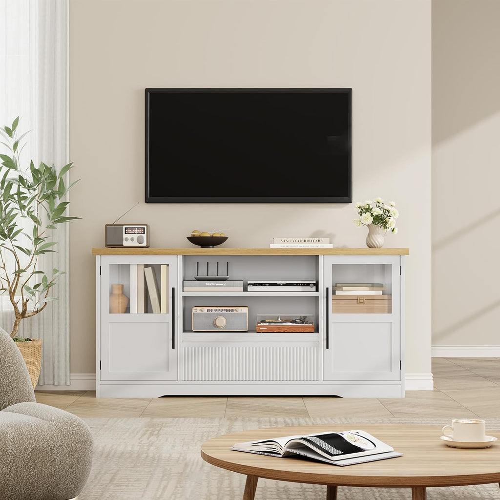 GarveeHome TV Stand, 72 in Wave Pattern Entertainment Center with 2 Glass Door Cabinets, Farmhouse TV Media Console with Open Storage Compartments for Living Room, White & Natural