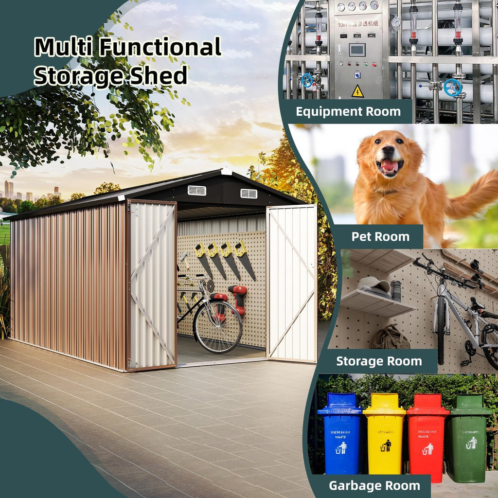 8x12ft Brown Metal Tool Shed with Double Lockable Doors, Ventilated Roof, Spacious Outdoor Storage for Tools, Bikes, and Garden Equipment