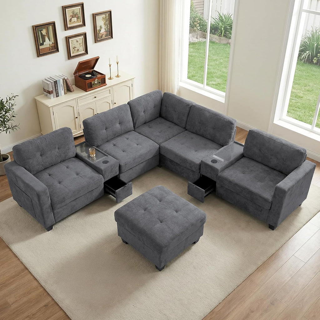 103'' Modular Sectional Sofa couch with 2 Acrylic Consoles, Oversized U Shaped Couch with USB Charger, Storage Drawers,Pockets and Movable Ottoman, Chenille Sectional Couches for Living Room ,Gray