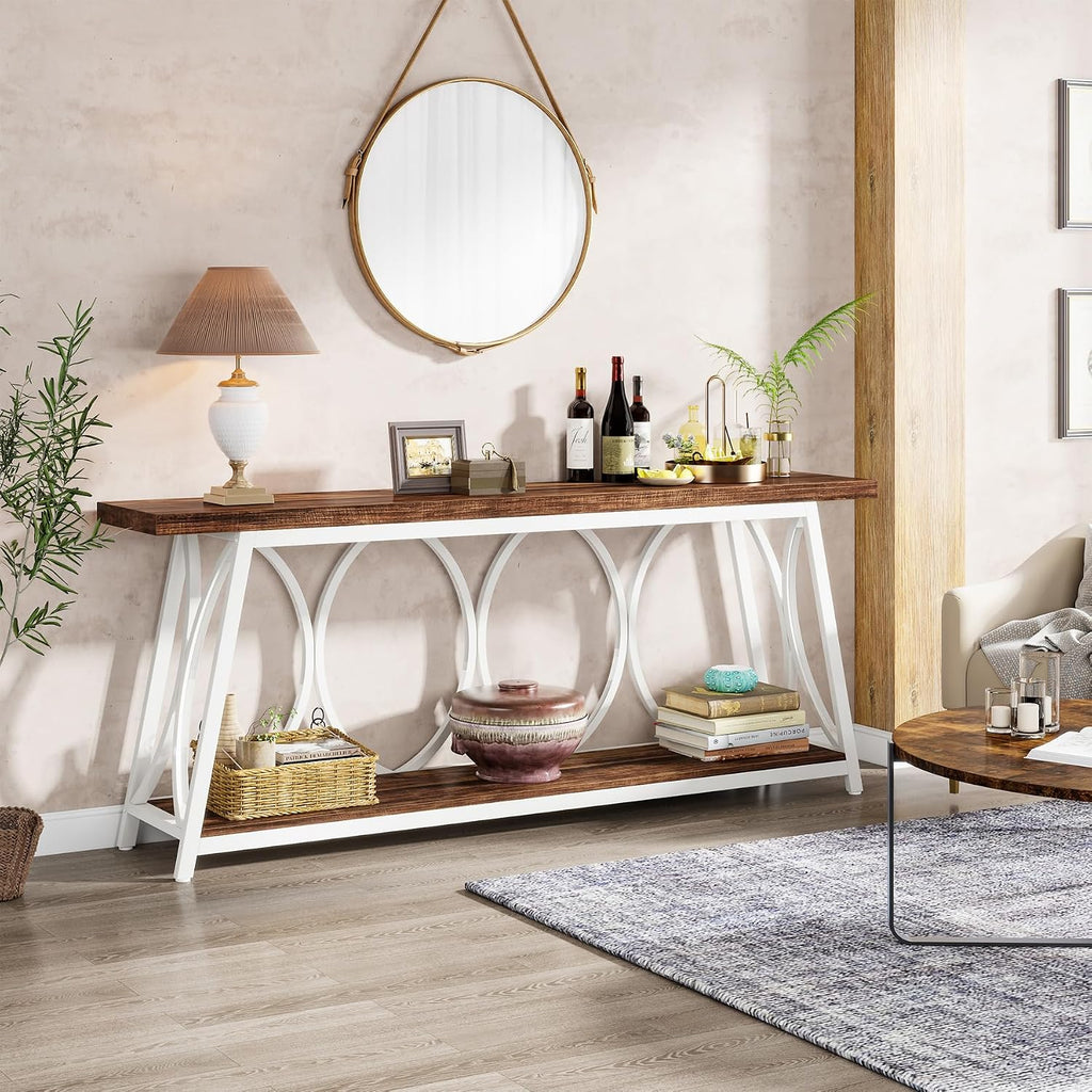 Tribesigns 70.9 inch Extra Long Console Table, Industrial Sofa Table Behind Couch with 2 Tier Storage Shelf, Narrow Entryway Hallway Accent Table for Living Room, White & Brown