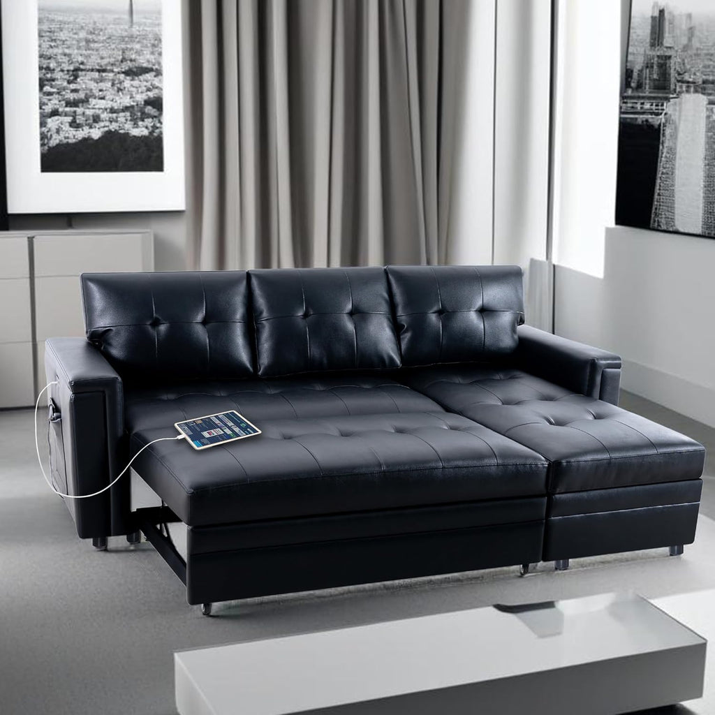Naomi Home L-Shaped Sectional Sleeper Sofa with USB Ports - Convertible Pull-Out Bed, Ample Storage, Timeless Design, Durable Construction Black/Air Leather