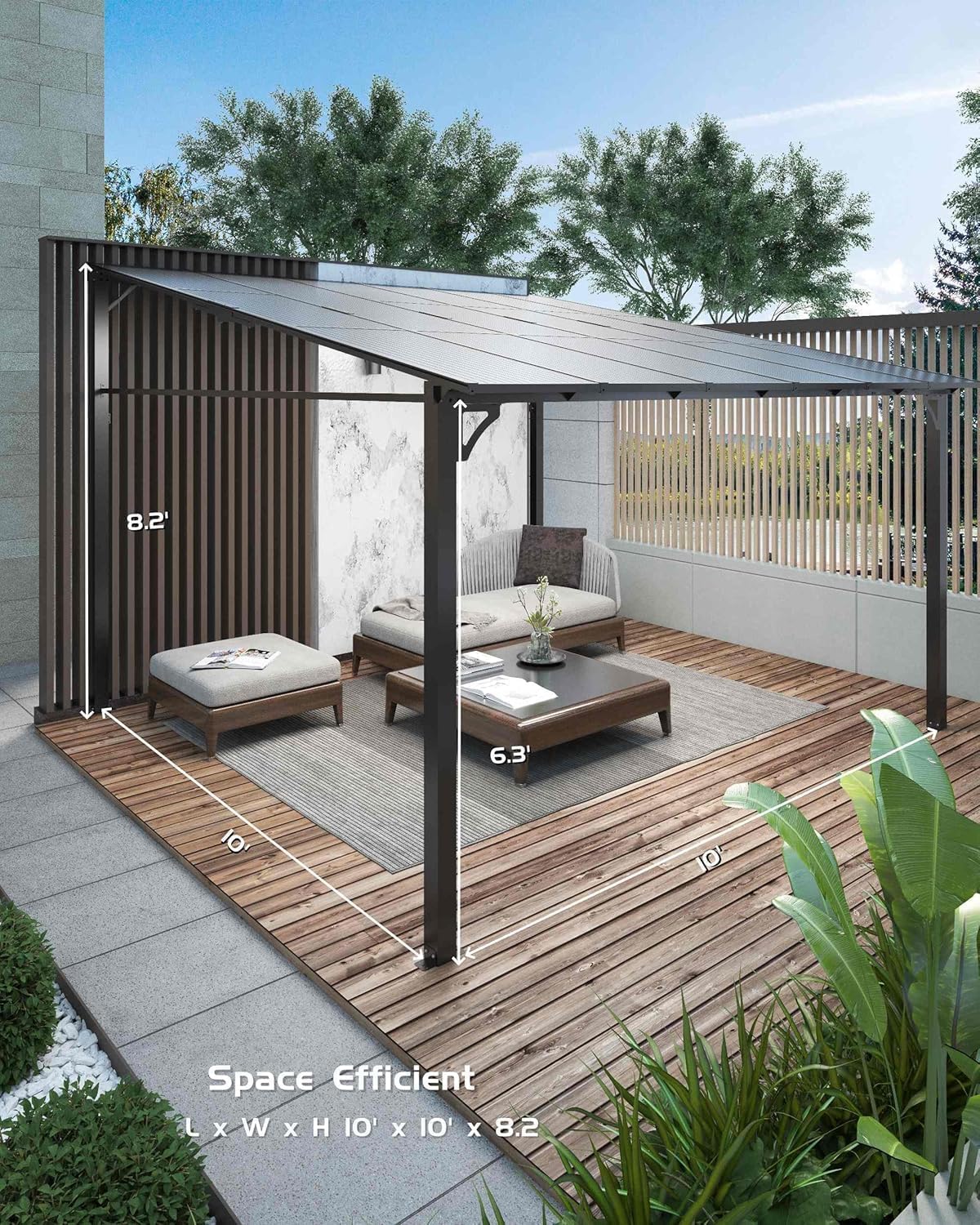 10x10 FT Gazebo for Patio, Wall Mounted Lean to Hardtop Gazebo Pergola with 6Mm Sloped Roof Heavy Duty Awnings for Porch, Decks, Backyard to Shade & Rain