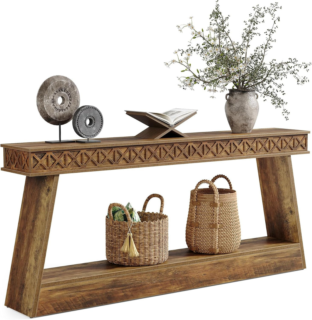 LITTLE TREE 70.87' Long Farmhouse Console Table, 2-Tier Shelf Narrow Accent Entryway Sofa Table for Living Room, Behind Couch, Hallway - Brown