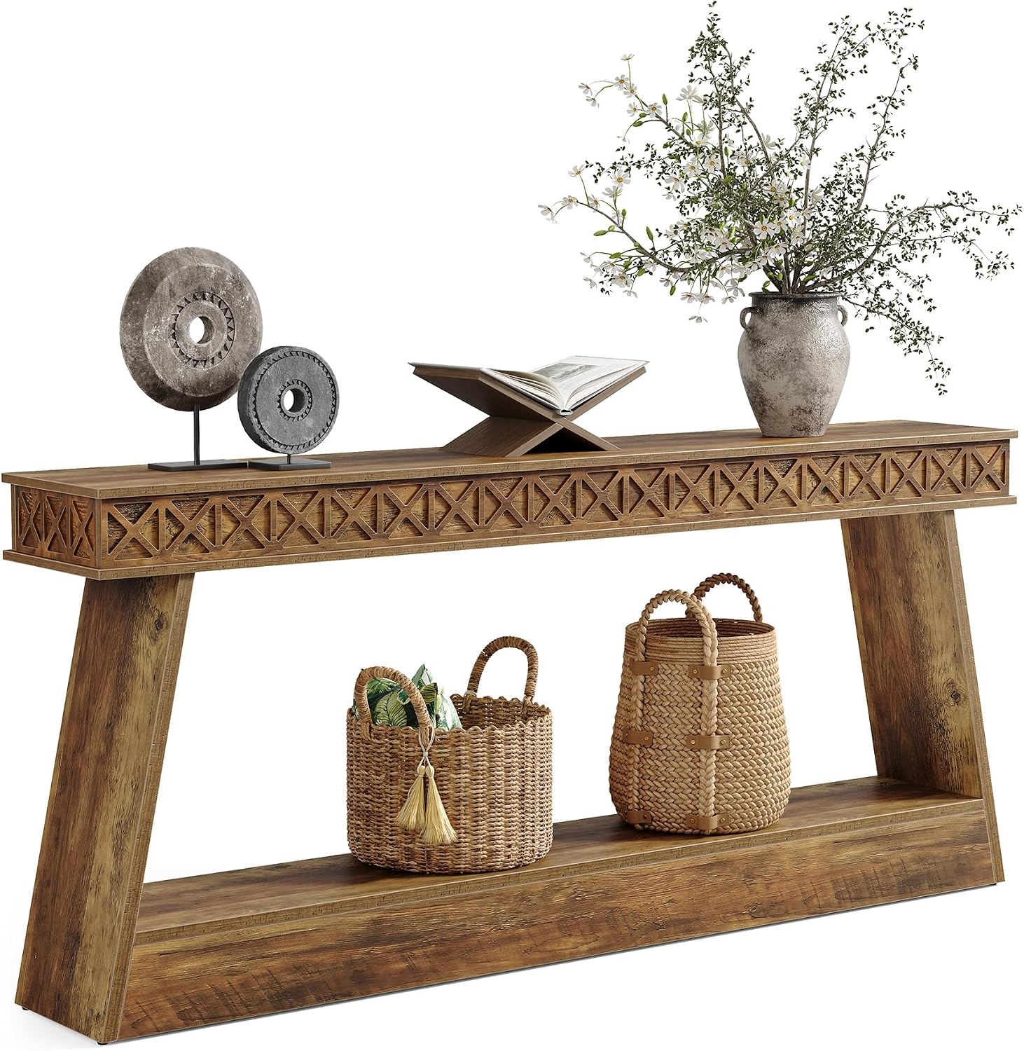 LITTLE TREE 70.87' Long Farmhouse Console Table, 2-Tier Shelf Narrow Accent Entryway Sofa Table for Living Room, Behind Couch, Hallway - Brown