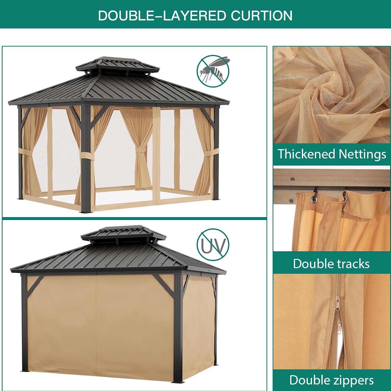 10x12ft Hardtop Gazebo, Aluminum Permanent Gazebo Double Roof Canopy with Netting and Curtains Outdoor Gazebos Galvanized Iron Aluminum Frame Garden Tent for Patio, Backyard, Deck, Lawns