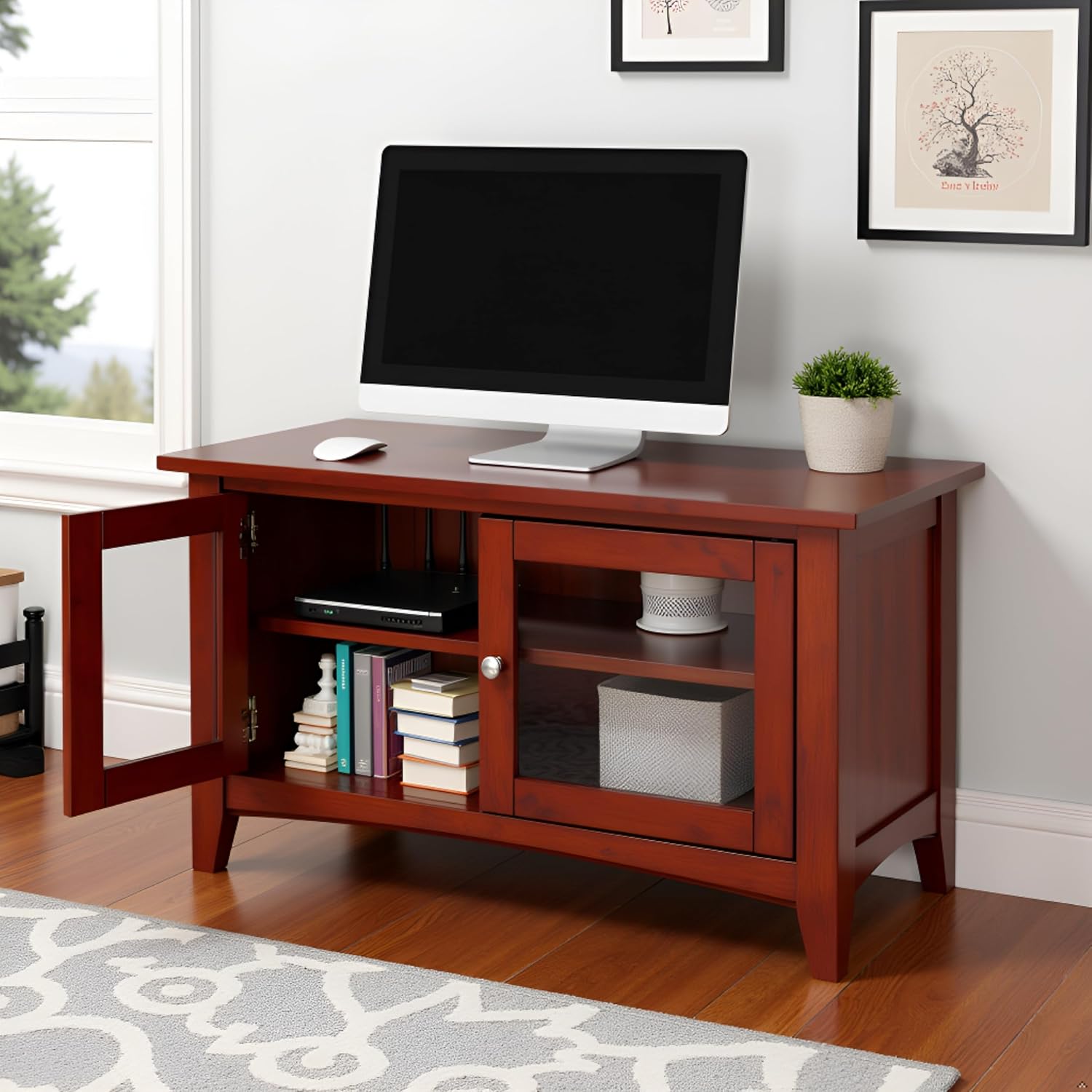 Shaker Cottage 36-Inch TV Stand Cabinet – Glass Door Media Console with Adjustable Shelves, Beadboard Accent, and Storage Organizer for Living Room, Bedroom, or Office by Alaterre Furniture (Cherry)